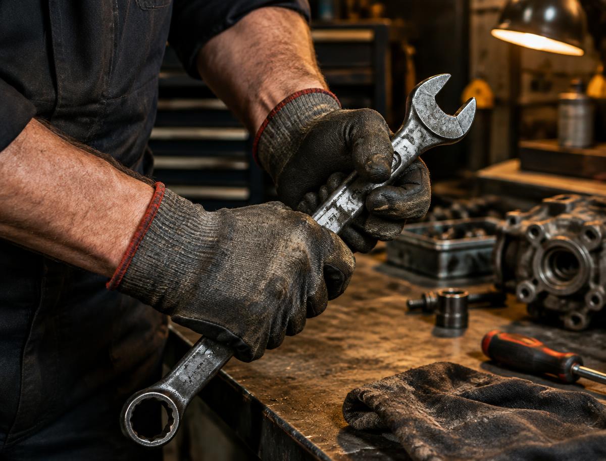 Work gloves and a wrench at a workshop bench, illustrative trade equipment