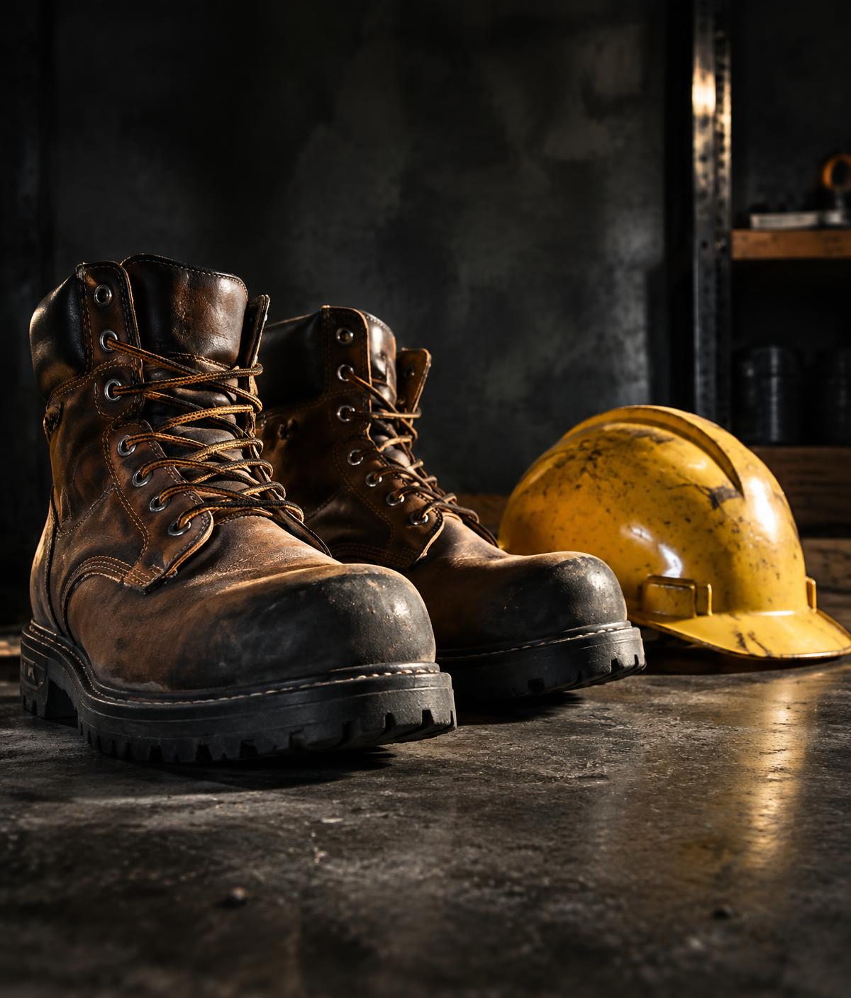 Steel-toe work boots and a hard hat on a workshop floor, illustrative trade equipment